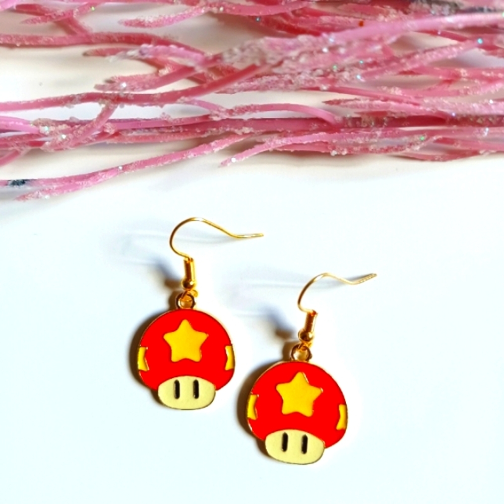 Nintendo Super Mario Bros. Mushroom Oil Painted Handmade Earrings